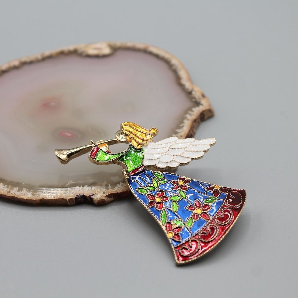 Angel Holidays Christmas pin brooch jewelry pendant necklace gold red green - Picture 3 of 12
